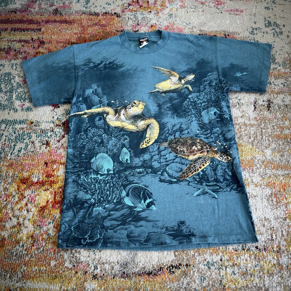 Vintage 90s Sea Turtles All Over Print T-Shirt Mens Large Teal Made In USA